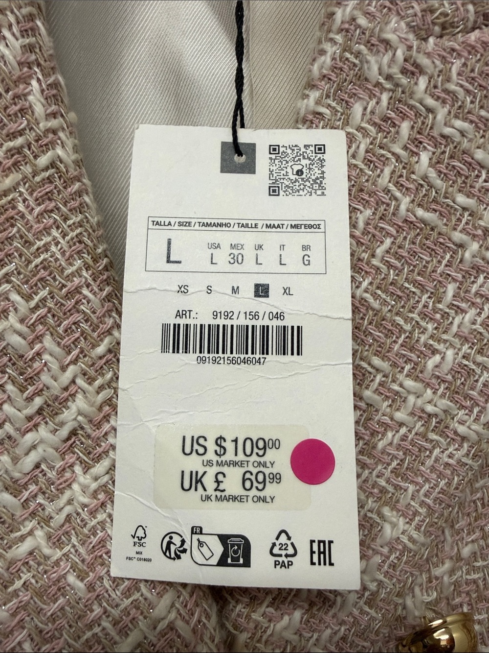 Zara Pink Tweed Double-Breasted Blazer sz L NWT - Picture 5 of 5